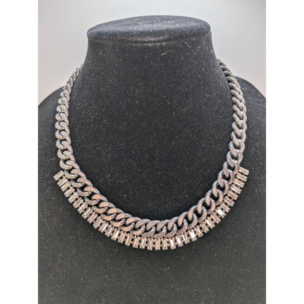 Lisa Freede Rhinestone Emerald Cut Curb Chain Gun Metal Necklace Adjustable 20"